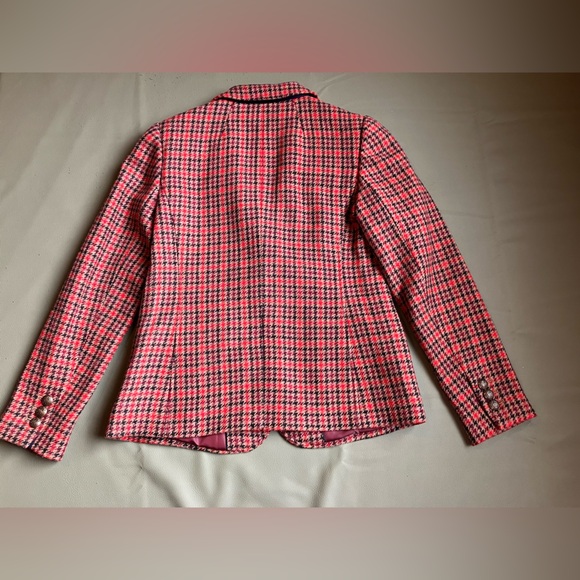 Red Houndstooth Blazer Wool Blend Crest Buttons Fully Lined Size 4 Talbots - Picture 6 of 10